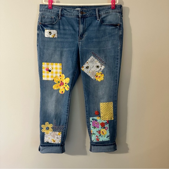 Old Navy up cycled mixed media Boho jeans with Bee Patches, 00AK Size 14, - Picture 7 of 9